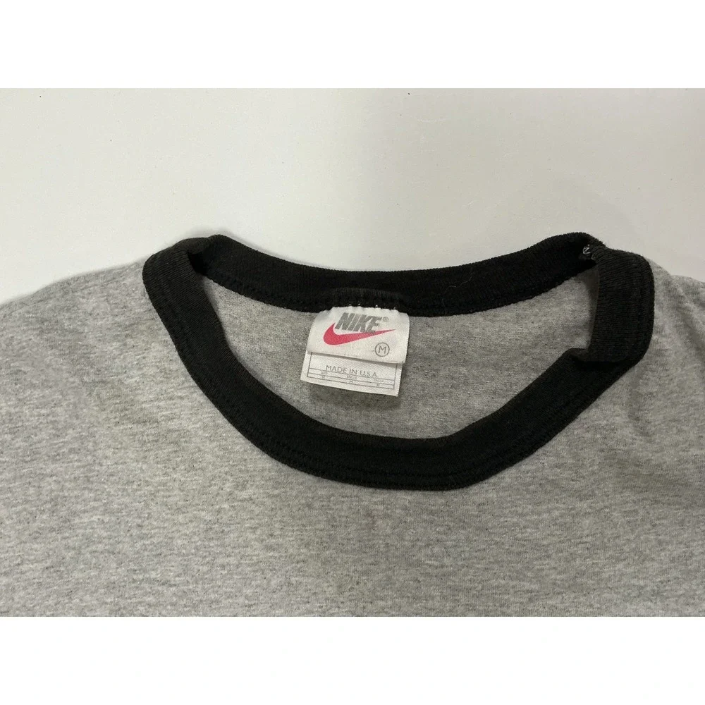 VTG USA Made 90s Nike Gray Long Sleeve Swoosh Ringer T Shirt Mens‎ M Distressed
